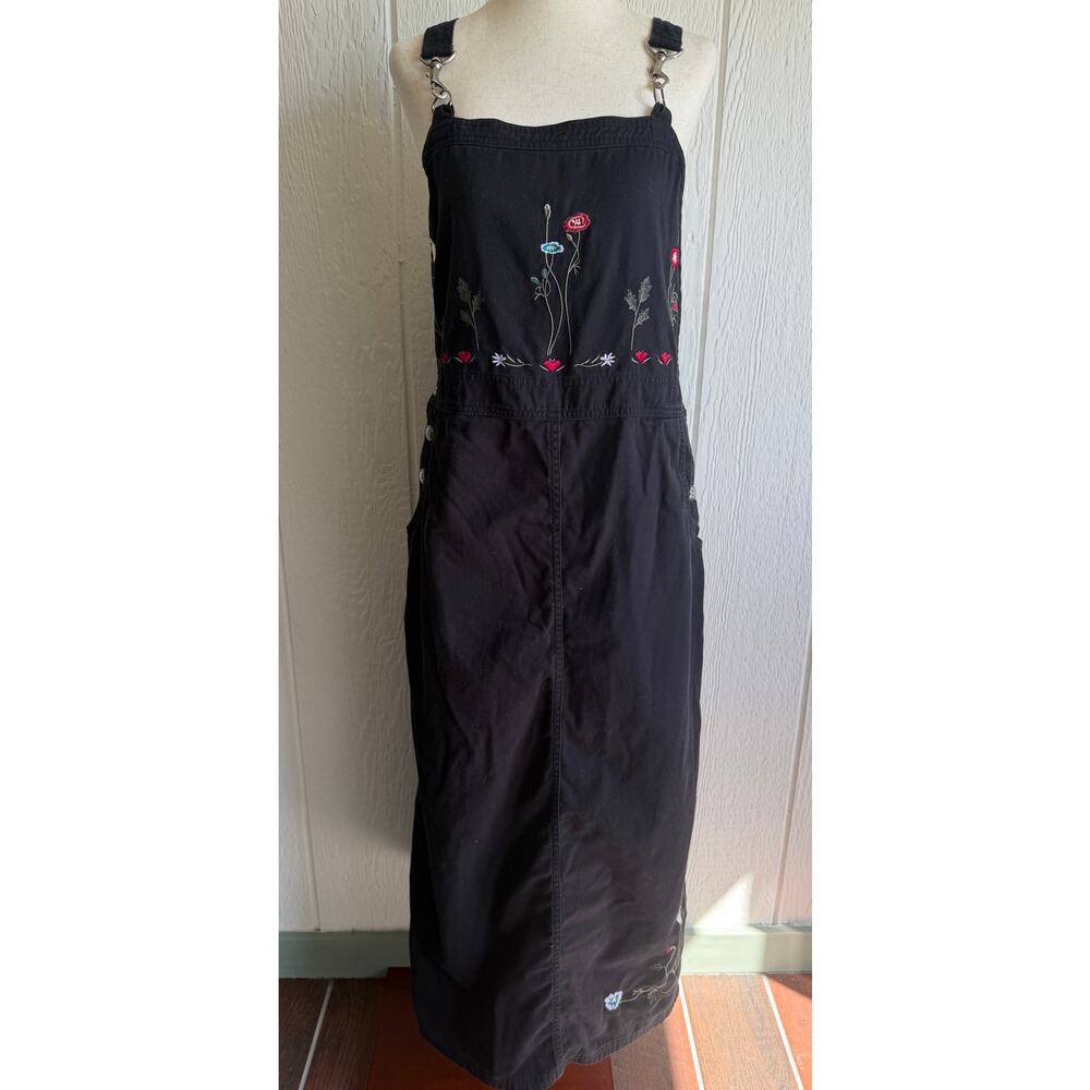 Vintage 90s Black Denim Overalls Pinafore Dress Embroidered Floral Women’s XL